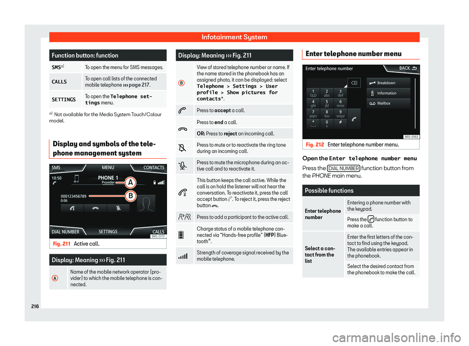Seat Ibiza 2018  Owners manual Infotainment System
Function button: function
�S�M�S a)
To open the menu for SMS messages.
�C�A�L�L�S To open call lists of the connected
mobile tel
ephone 