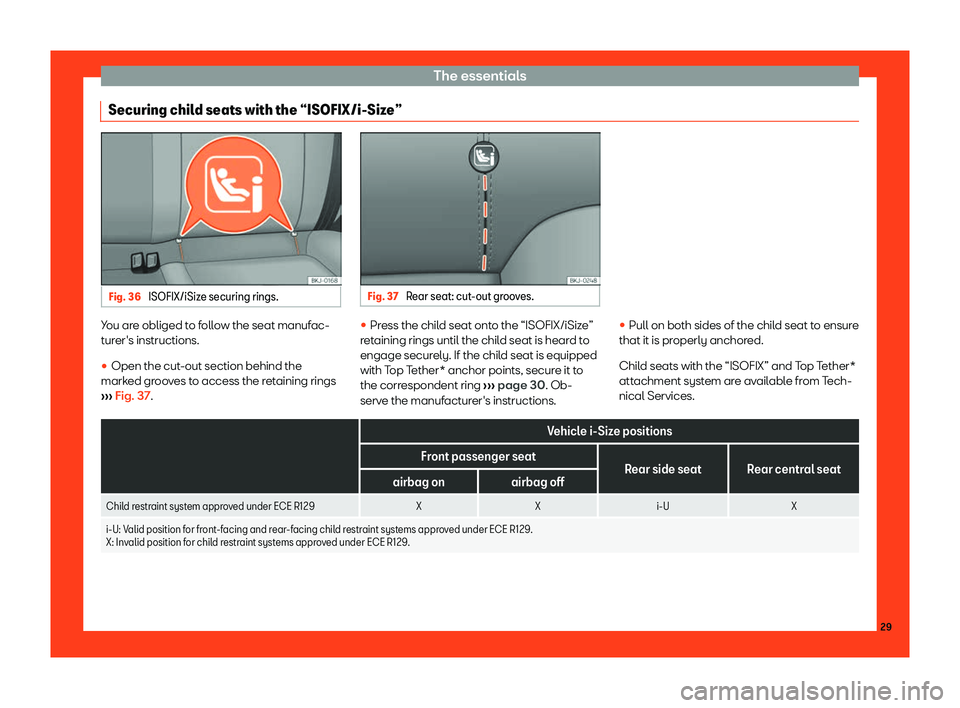 Seat Ibiza 2018 Owners Guide The essentials
Securing child seats with the “ISOFIX/i-Size” Fig. 36 
ISOFIX/iSize securing rings. Fig. 37 
Rear seat: cut-out grooves. You are obliged to follow the seat manufac-
t
ur
er
