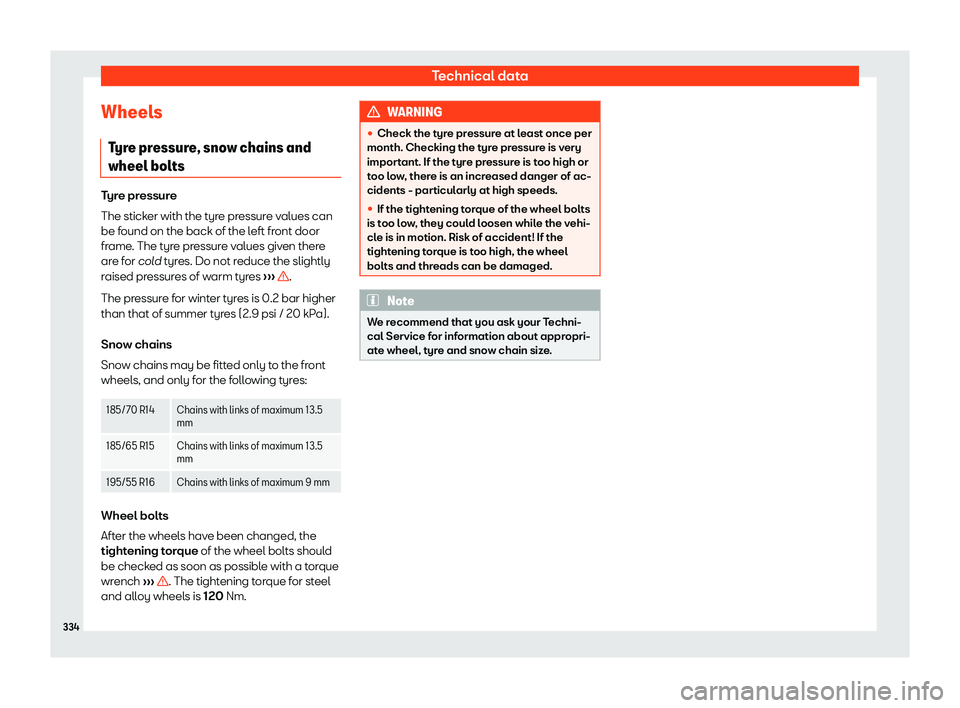 Seat Ibiza 2018  Owners manual Technical data
Wheels Tyr
e pr
essure, snow chains and
wheel bolts Tyre pressure
The sticker with the t
yr

e pressure values can
be found on the back of the left front door
frame. The tyre pressure v