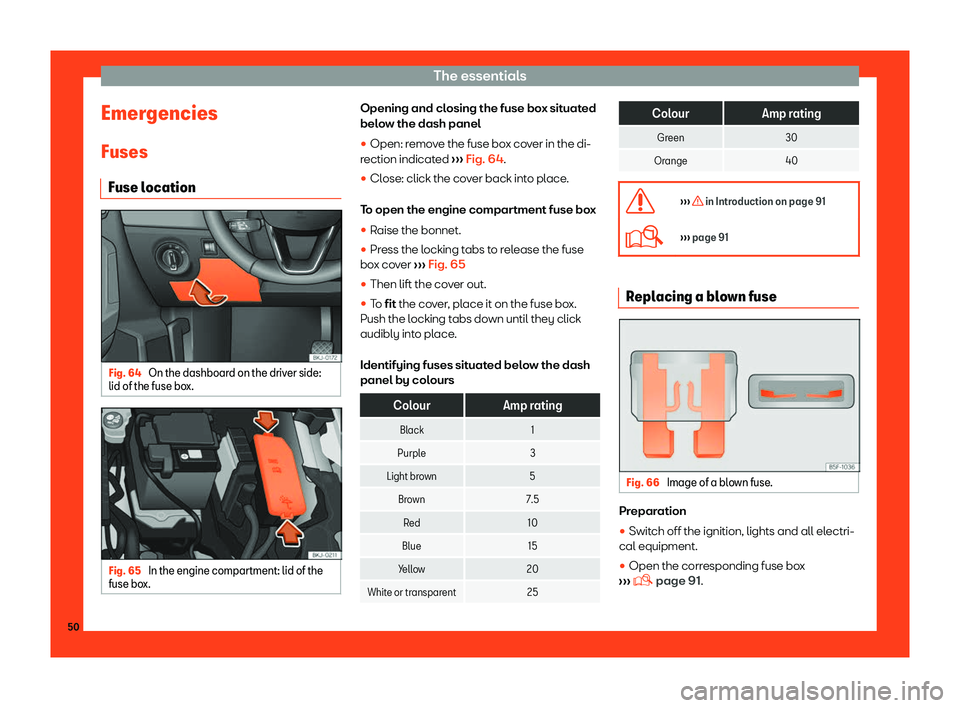 Seat Ibiza 2018 Workshop Manual The essentials
Emergencies
Fuses Fuse l ocation Fig. 64 
On the dashboard on the driver side:
lid of the fuse bo x.Fig. 65 
In the engine compartment: lid of the
fuse bo x. Opening and closing the fus
