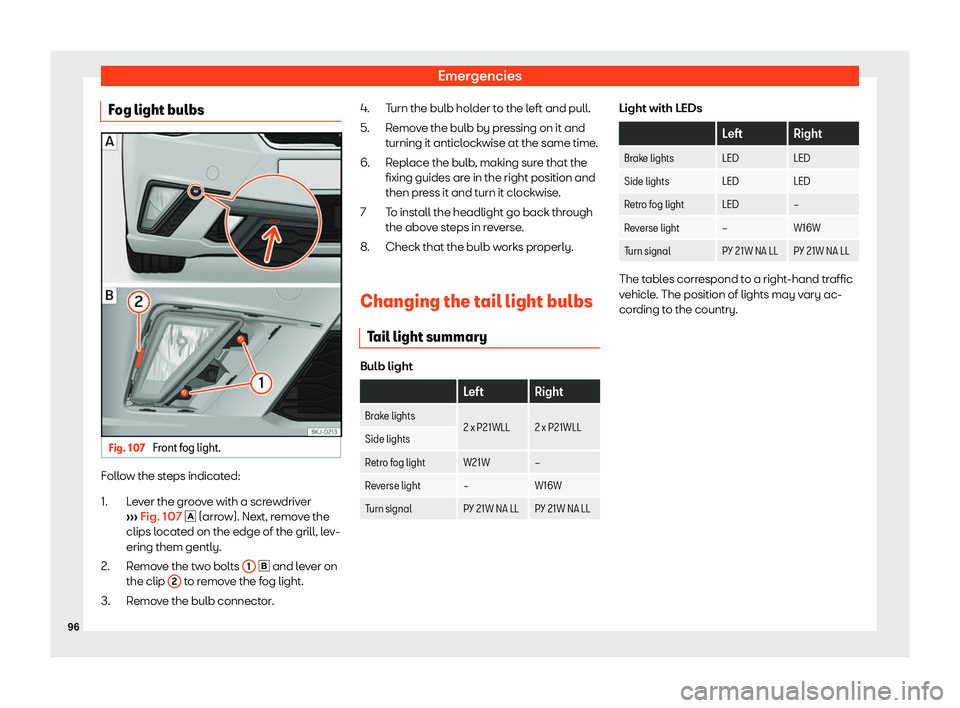 Seat Ibiza 2018 Owners Manual Emergencies
Fog light bulbs Fig. 107 
Front fog light. Follow the steps indicated:
Le
v
er the groove with a screwdriver
