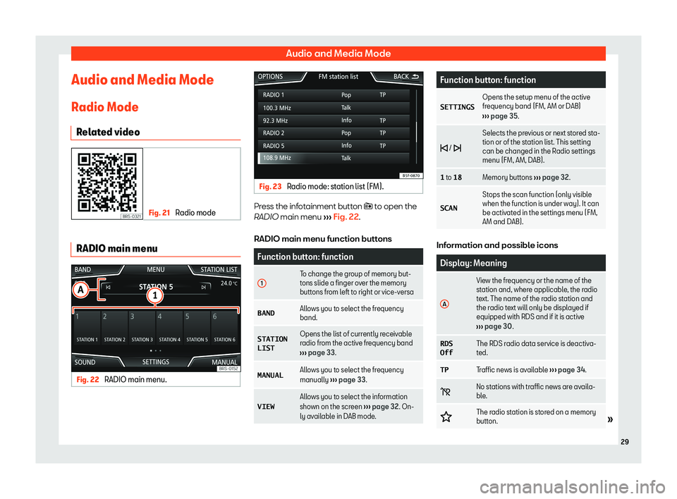 Seat Ibiza 2018  MEDIA SYSTEM PLUS - NAVI SYSTEM Audio and Media ModeAudio and Media Mode
Radio Mode Related videoFig. 21 
Radio mode
RADIO main menu
Fig. 22 
RADIO main menu.
Fig. 23 
Radio mode: station list (FM).
Press the infotainment button  �