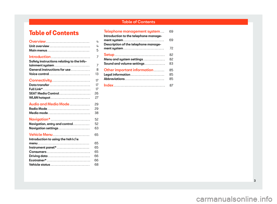 Seat Ibiza 2018  MEDIA SYSTEM PLUS - NAVI SYSTEM Table of ContentsTable of ContentsOverview  . . . . . . . . . . . . . . . . . . . . . . . . . . . . . . . .4
Unit overview  . . . . . . . . . . . . . . . . . . . . . . . . . . . . . .
4
Main menus . .