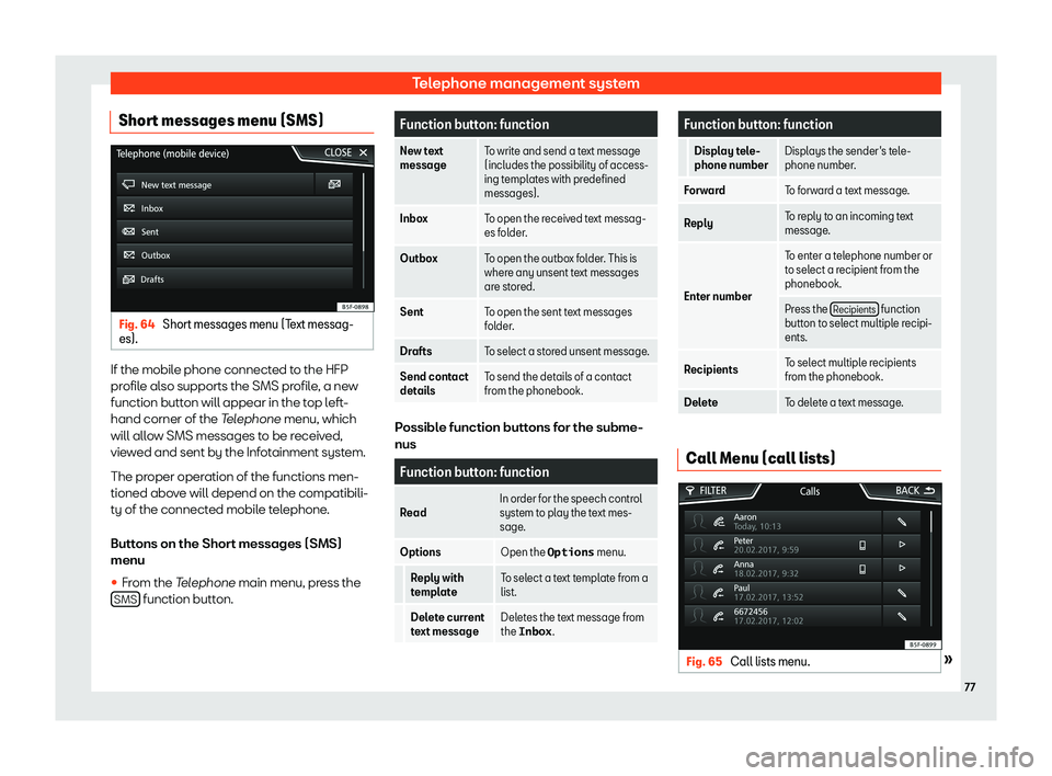 Seat Ibiza 2018  MEDIA SYSTEM PLUS - NAVI SYSTEM Telephone management systemShort messages menu (SMS)Fig. 64 
Short messages menu (Text messag-
es).
If the mobile phone connected to the HFP
profile also supports the SMS profile, a newfunction button