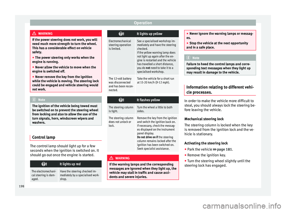 Seat Ibiza 2017  Owners manual Edition 11.17 Operation
WARNING
If the power steering does not work, you will
need much mor e s
trength to turn the wheel.
This has a considerable effect on vehicle
safety.
● The power steering only works when th