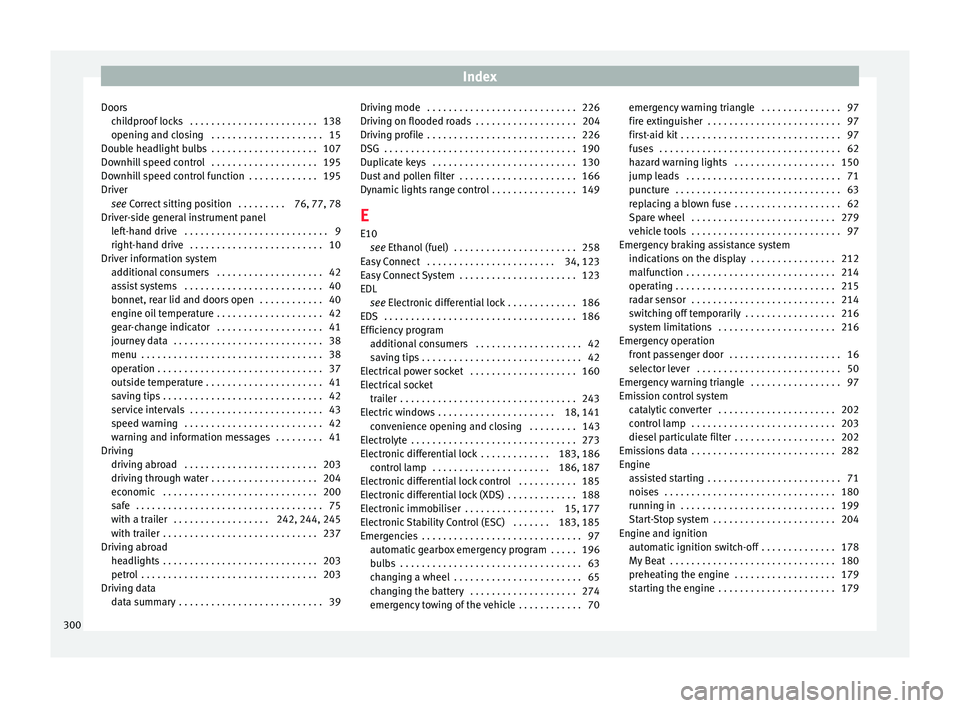 Seat Ibiza 2017  Owners manual Edition 11.17 Index
Doors chi
l
dproof locks  . . . . . . . . . . . . . . . . . . . . . . . . 138
opening and closing  . . . . . . . . . . . . . . . . . . . . . 15
Double headlight bulbs  . . . . . . . . . . . . . 