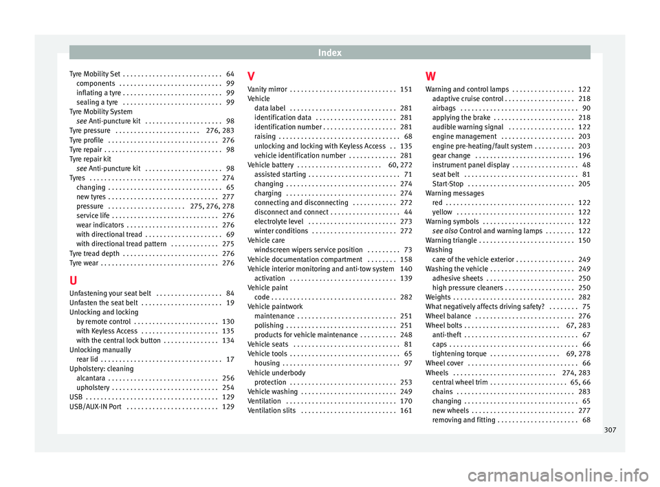 Seat Ibiza 2017  Owners manual Edition 11.17 Index
Tyre Mobility Set  . . . . . . . . . . . . . . . . . . . . . . . . . . . 64 components
 . . . . . . . . . . . . . . . . . . . . . . . . . . . .
99
inflating a tyre . . . . . . . . . . . . . . . 