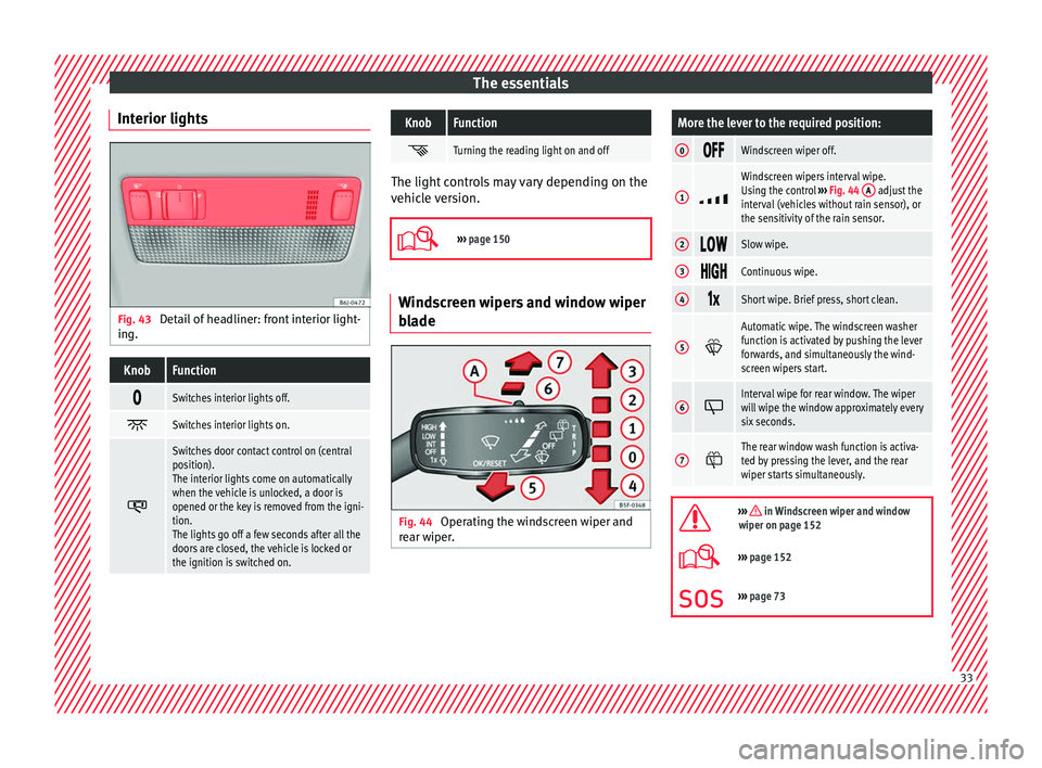 Seat Ibiza 2017 Edition 11.17 Owners Guide The essentials
Interior lights Fig. 43
Detail of headliner: front interior light-
in g.KnobFunction
Switches interior lights off.
Switches interior lights on.
Switches door contact contro Seat Ibiza 2017 Edition 11.17 Owners Guide The essentials
Interior lights Fig. 43
Detail of headliner: front interior light-
in g.KnobFunction
Switches interior lights off.
Switches interior lights on.
Switches door contact contro
