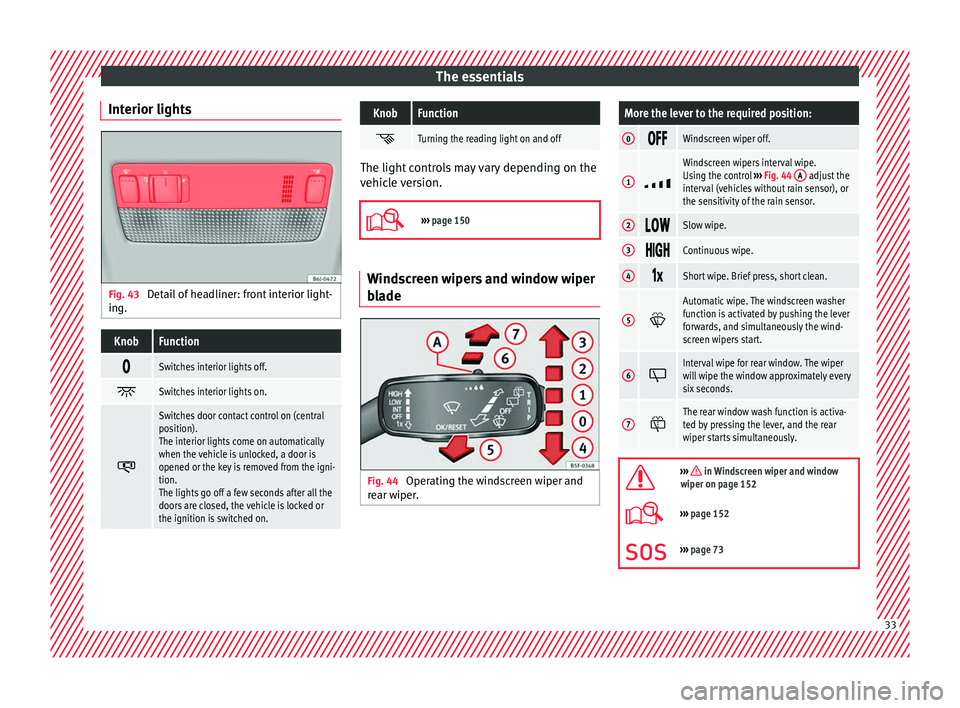 Seat Ibiza 2017   Edition 11.17 Owners Guide The essentials
Interior lights Fig. 43 
Detail of headliner: front interior light-
in g.KnobFunction 
Switches interior lights off.

Switches interior lights on.

Switches door contact contro