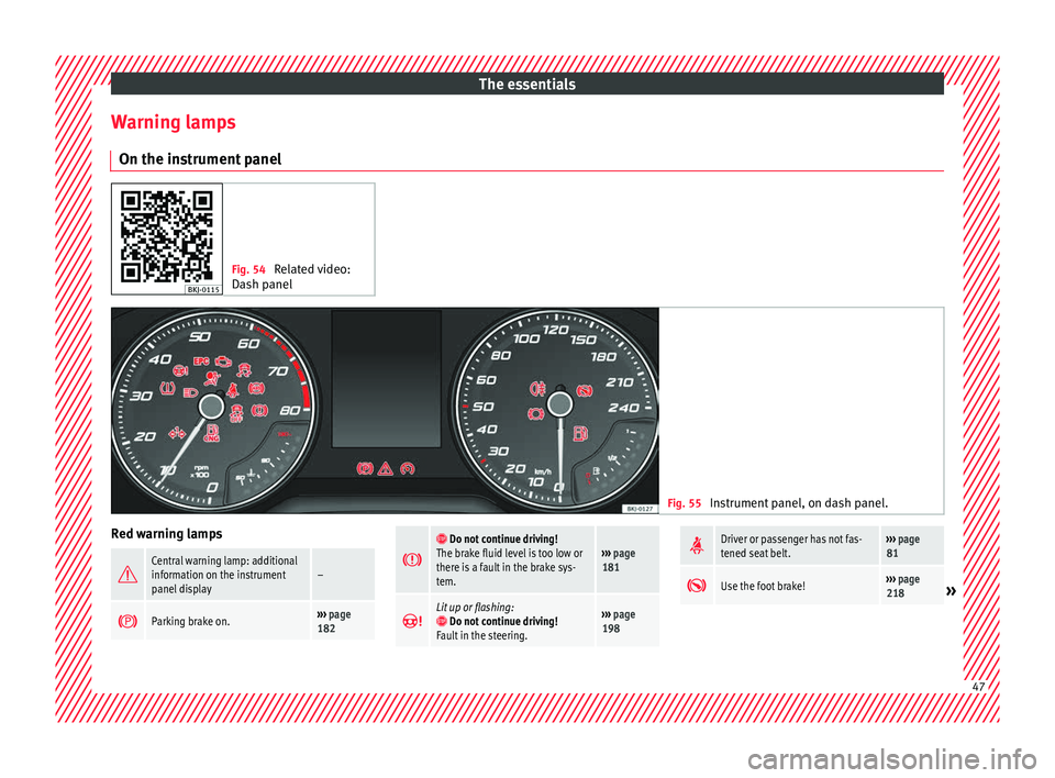 Seat Ibiza 2017 Edition 11.17 Service Manual The essentials
Warning lamps On the in s
trument
panel Fig. 54
Related video:
Dash panel Fig. 55
Instrument panel, on dash panel. Red warning lamps
Central warning lamp: additional
information Seat Ibiza 2017 Edition 11.17 Service Manual The essentials
Warning lamps On the in s
trument
panel Fig. 54
Related video:
Dash panel Fig. 55
Instrument panel, on dash panel. Red warning lamps
Central warning lamp: additional
information