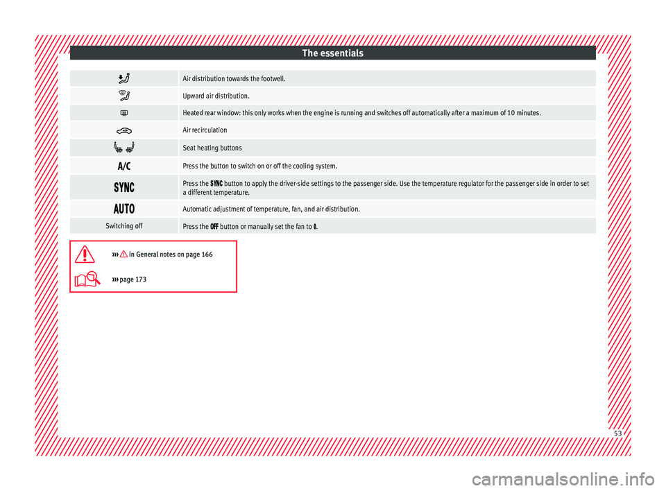 Seat Ibiza 2017  Owners manual Edition 11.17 The essentials
Air distribution towards the footwell.

Upward air distribution.

Heated rear window: this only works when the engine is running and switches off automatically after a maximum 