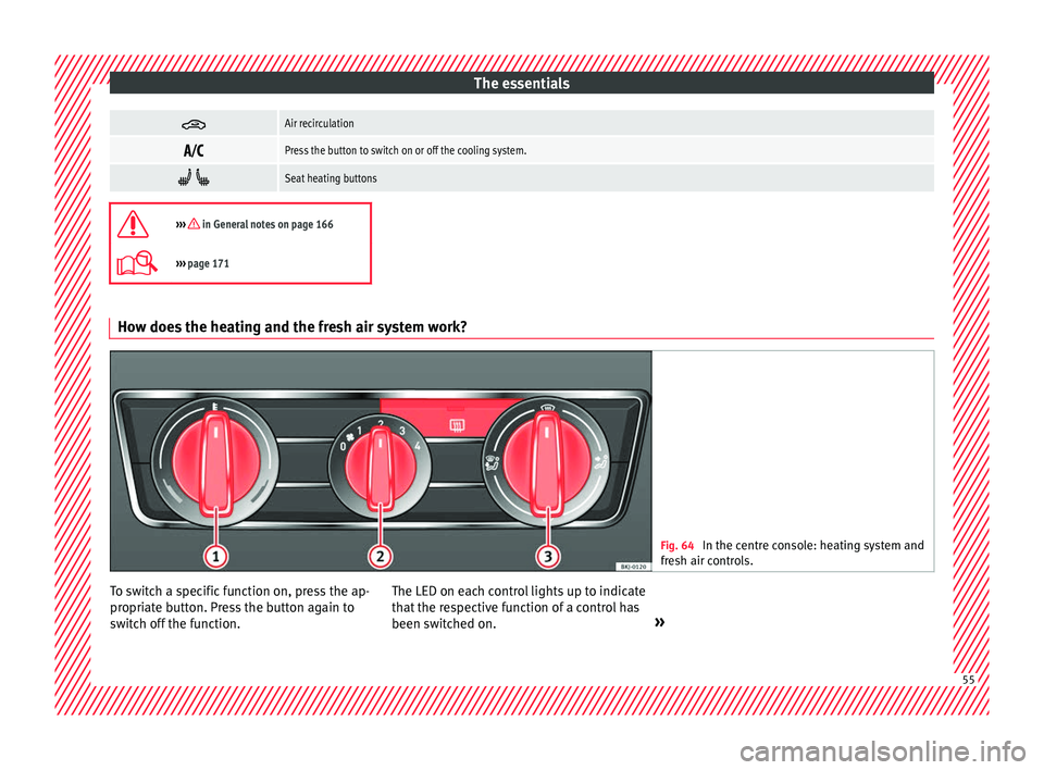 Seat Ibiza 2017  Owners manual Edition 11.17 The essentials
Air recirculation

Press the button to switch on or off the cooling system.
 
Seat heating buttons

›››  in General notes on page 166
››› 
page 171 How doe