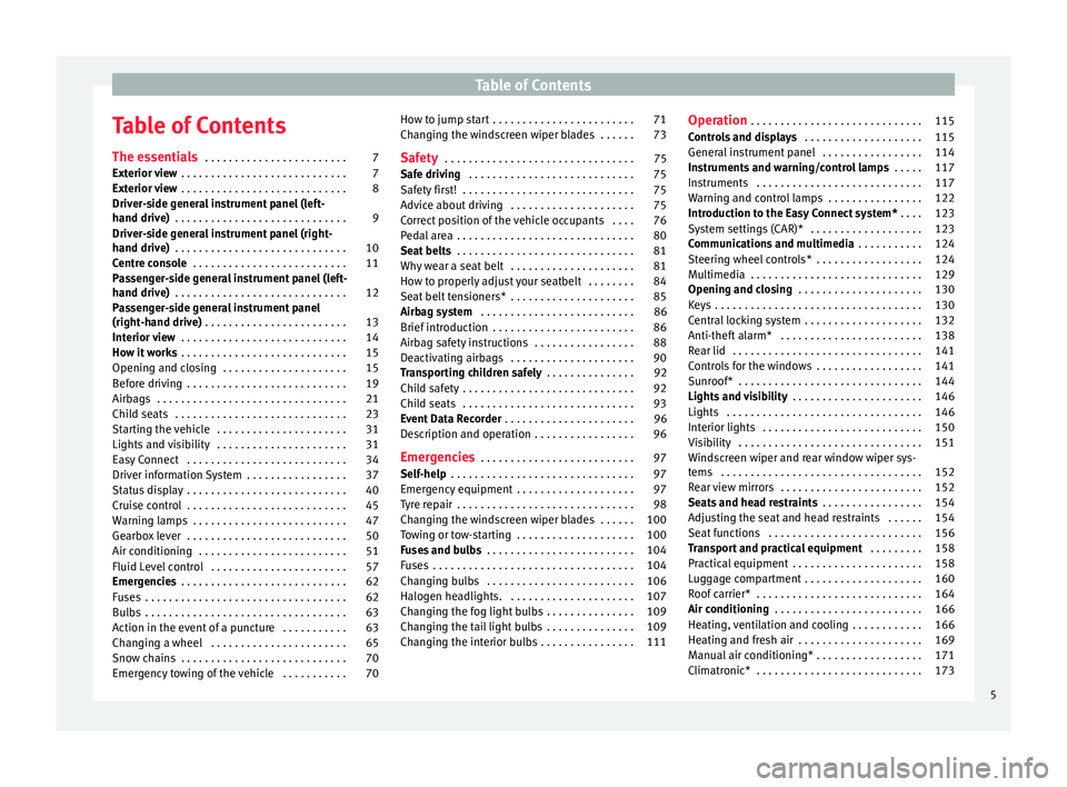 Seat Ibiza 2017  Owners manual Edition 11.17 Table of Contents
Table of Contents
The e s
senti
als . . . . . . . . . . . . . . . . . . . . . . . . 7
Exterior view  . . . . . . . . . . . . . . . . . . . . . . . . . . . . 7
Exterior view  . . . . 