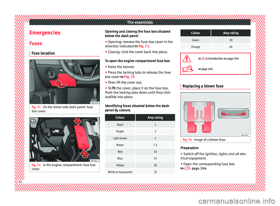 Seat Ibiza 2017  Owners manual Edition 11.17 The essentials
Emergencies F u
se
s
Fuse location Fig. 71 
On the driver-side dash panel: fuse
bo x
 c

over. Fig. 72 
In the engine compartment: fuse box
c o
v

er. Opening and closing the fuse box s