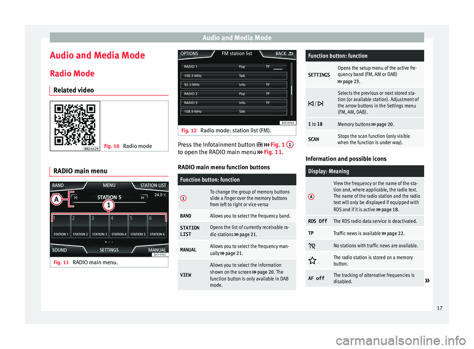 Seat Ibiza 2017 MEDIA SYSTEM PLUS - NAVI SYSTEM Audio and Media Mode
Audio and Media Mode
R a
dio Mode
R
elated video Fig. 10
Radio mode RADIO main menu
Fig. 11
RADIO main menu. Fig. 12
Radio mode: station list (FM). Press the Infotainment butto Seat Ibiza 2017 MEDIA SYSTEM PLUS - NAVI SYSTEM Audio and Media Mode
Audio and Media Mode
R a
dio Mode
R
elated video Fig. 10
Radio mode RADIO main menu
Fig. 11
RADIO main menu. Fig. 12
Radio mode: station list (FM). Press the Infotainment butto