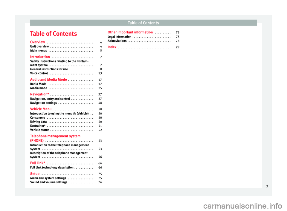 Seat Ibiza 2017  MEDIA SYSTEM PLUS - NAVI SYSTEM Table of Contents
Table of Contents
Ov er
v
iew . . . . . . . . . . . . . . . . . . . . . . . . . . . . . 4
Unit overview  . . . . . . . . . . . . . . . . . . . . . . . . . . . 4
Main menus  . . . . .