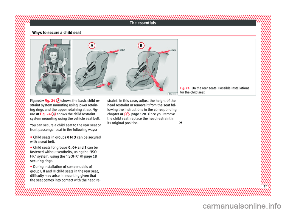 Seat Ibiza 5D 2016   Edition 11.16 User Guide The essentials
Ways to secure a child seat Fig. 24 
On the rear seats: Possible installations
for the c hi
ld seat. Figure 
››› 
Fig. 24
 A  shows the basic child re-
s tr
aint

 system mounting