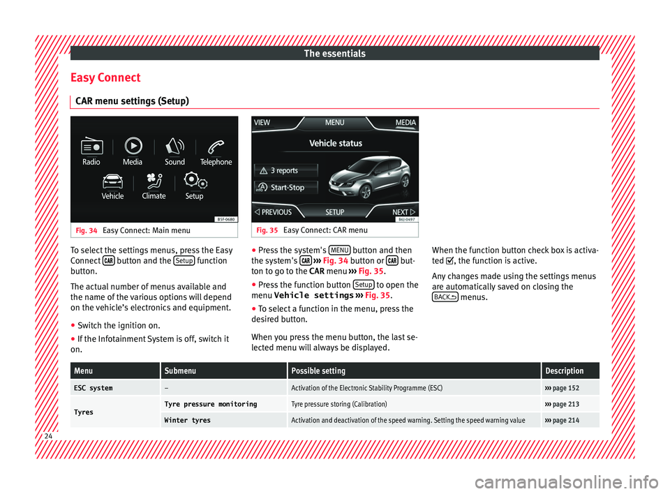 Seat Ibiza 5D 2016  Owners manual Edition 11.16 The essentials
Easy Connect CAR menu settin g
s
 (Setup)Fig. 34 
Easy Connect: Main menu Fig. 35 
Easy Connect: CAR menu To select the settings menus, press the Easy
C
onnect
 

  button and 