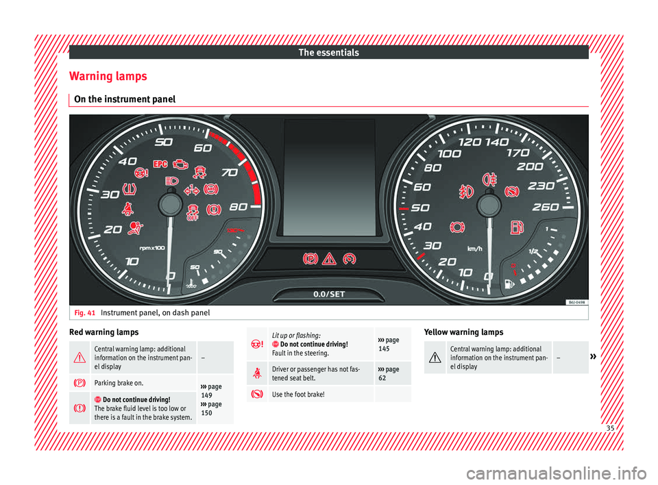 Seat Ibiza 5D 2016 Owners manual Edition 11.16 The essentials
Warning lamps On the in s
trument
panelFig. 41
Instrument panel, on dash panel Red warning lamps
Central warning lamp: additional
information on the instrument pan-
el display–
Seat Ibiza 5D 2016 Owners manual Edition 11.16 The essentials
Warning lamps On the in s
trument
panelFig. 41
Instrument panel, on dash panel Red warning lamps
Central warning lamp: additional
information on the instrument pan-
el display–