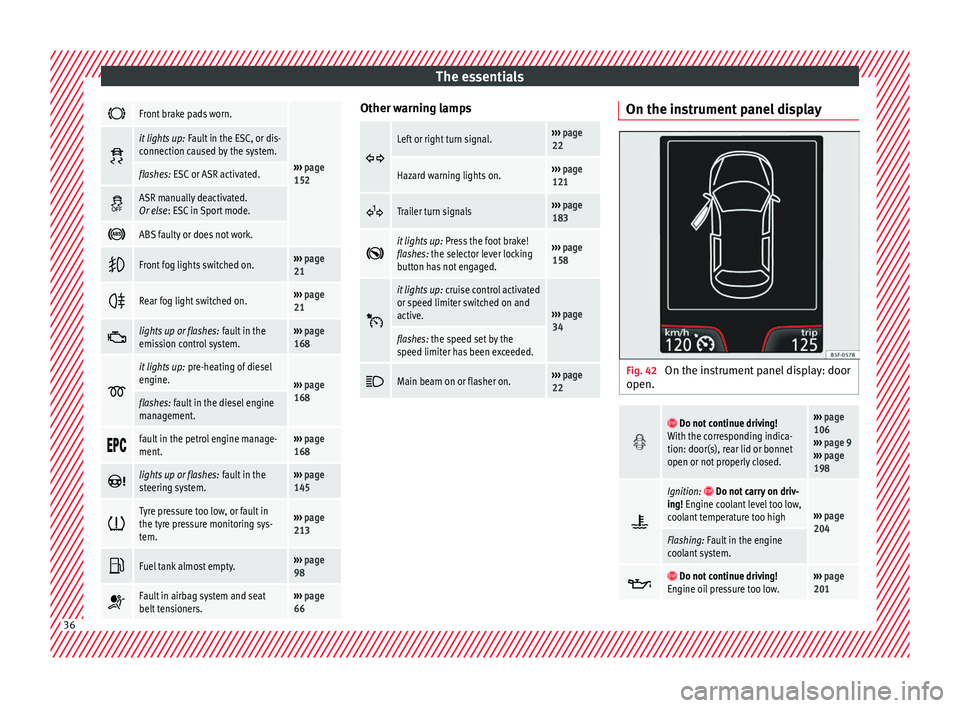 Seat Ibiza 5D 2016  Owners manual Edition 11.16 The essentials
Front brake pads worn.
››› 
page 
152 
it lights up:
 Fault in the ESC, or dis-
connection caused by the system.
flashes: ESC or ASR activated. 
ASR manually deactivated.