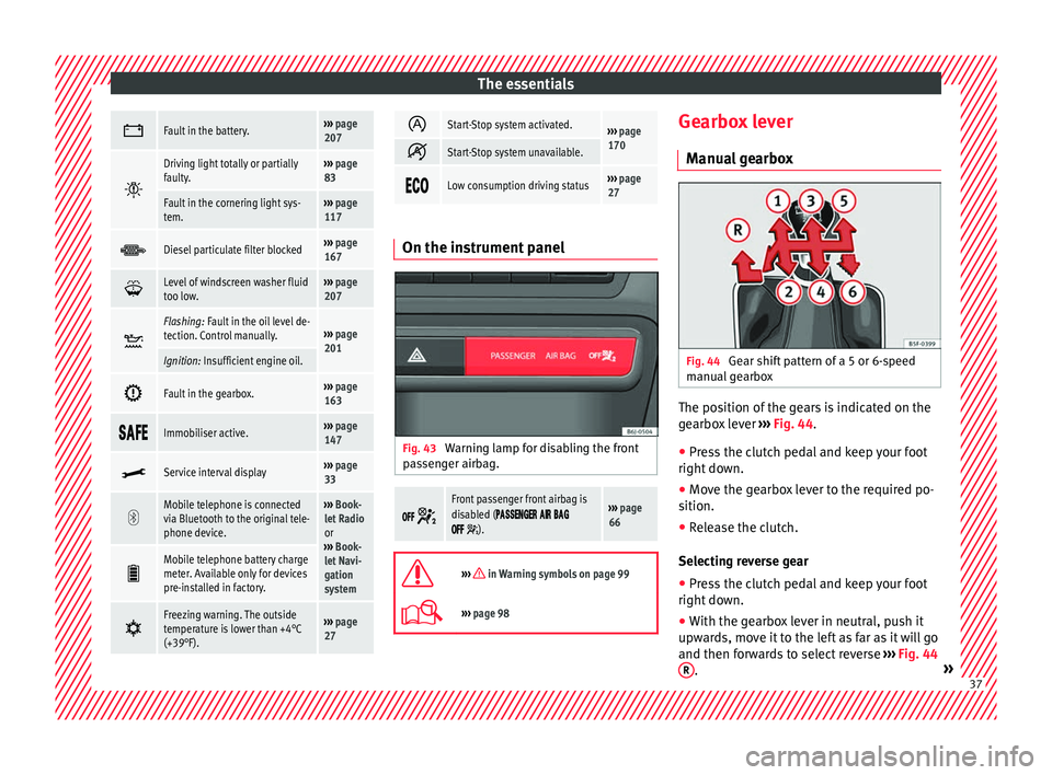 Seat Ibiza 5D 2016  Owners manual Edition 11.16 The essentials
Fault in the battery.››› 
page 
207 
Driving light totally or partially
faulty.››› 
page 
83
Fault in the cornering light sys-
tem.›››  page 
117 
Diesel part