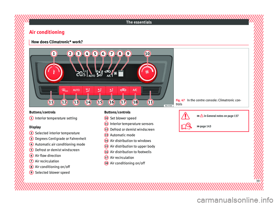 Seat Ibiza 5D 2016   Edition 11.16 Service Manual The essentials
Air conditioning Ho w doe
s
 Climatronic* work? Fig. 47 
In the centre console: Climatronic con-
tro l

s Buttons/controls
Interior t
emper

ature setting
Display Selected interior temp