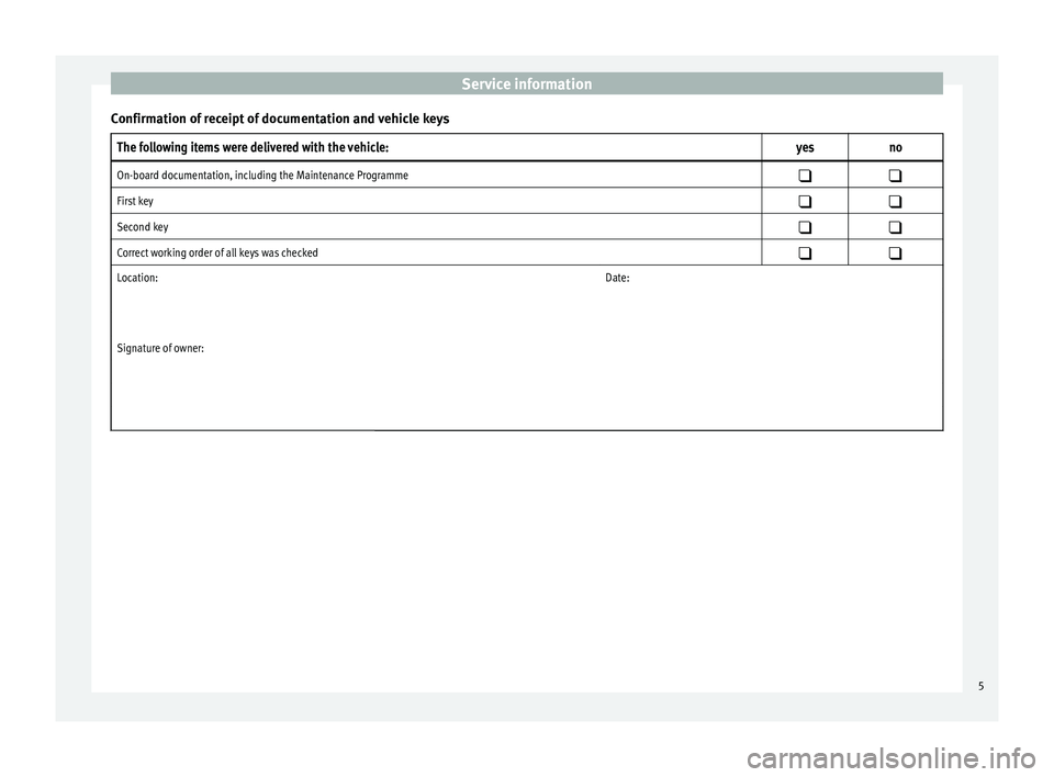 Seat Ibiza 5D 2016  Maintenance programme Service information
Confirmation of receipt of documentation and vehicle keysThe following items were delivered with the vehicle: yesno
On-board documentation, including the Maintenance Programme
 