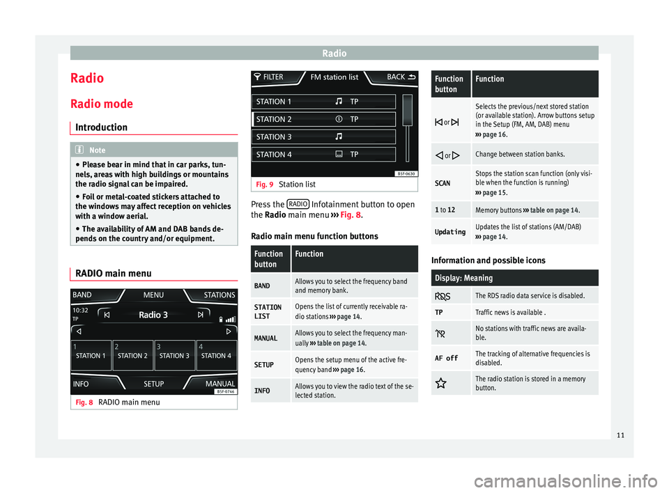 Seat Ibiza 5D 2016 MEDIA SYSTEM TOUCH - COLOUR Radio
Radio R a
dio mode
Introduction Note
● Ple
ase bear in mind that in car parks, tun-
nels, areas with high buildings or mountains
the radio signal can be impaired.
● Foil or metal-coated sti Seat Ibiza 5D 2016 MEDIA SYSTEM TOUCH - COLOUR Radio
Radio R a
dio mode
Introduction Note
● Ple
ase bear in mind that in car parks, tun-
nels, areas with high buildings or mountains
the radio signal can be impaired.
● Foil or metal-coated sti