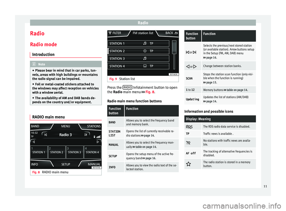 Seat Ibiza 5D 2016  MEDIA SYSTEM TOUCH - COLOUR Radio
Radio R a
dio mode
Introduction Note
● Ple

ase bear in mind that in car parks, tun-
nels, areas with high buildings or mountains
the radio signal can be impaired.
● Foil or metal-coated sti