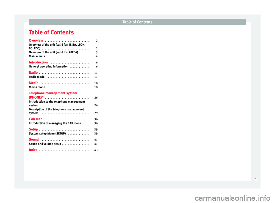 Seat Ibiza 5D 2016 MEDIA SYSTEM TOUCH - COLOUR Table of Contents
Table of Contents
Ov er
view . . . . . . . . . . . . . . . . . . . . . . . . . . . . . 2
Overview of the unit (valid for: IBIZA, LEON,
TOLEDO) . . . . . . . . . . . . . . . . . . . Seat Ibiza 5D 2016 MEDIA SYSTEM TOUCH - COLOUR Table of Contents
Table of Contents
Ov er
view . . . . . . . . . . . . . . . . . . . . . . . . . . . . . 2
Overview of the unit (valid for: IBIZA, LEON,
TOLEDO) . . . . . . . . . . . . . . . . . . .