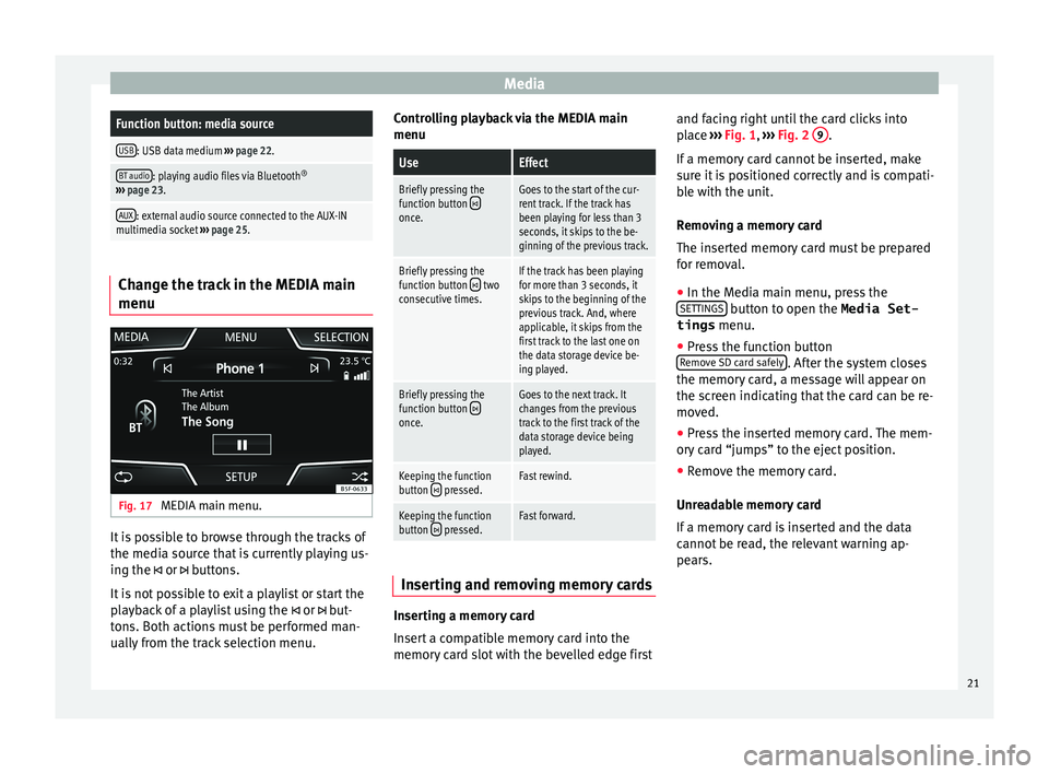 Seat Ibiza 5D 2016 MEDIA SYSTEM TOUCH - COLOUR MediaFunction button: media source
USB: USB data medium
››› page 22.
BT audio: playing audio files via Bluetooth ®
››› page 23.
AUX: external audio source connected to the AUX-IN
multim Seat Ibiza 5D 2016 MEDIA SYSTEM TOUCH - COLOUR MediaFunction button: media source
USB: USB data medium
››› page 22.
BT audio: playing audio files via Bluetooth ®
››› page 23.
AUX: external audio source connected to the AUX-IN
multim