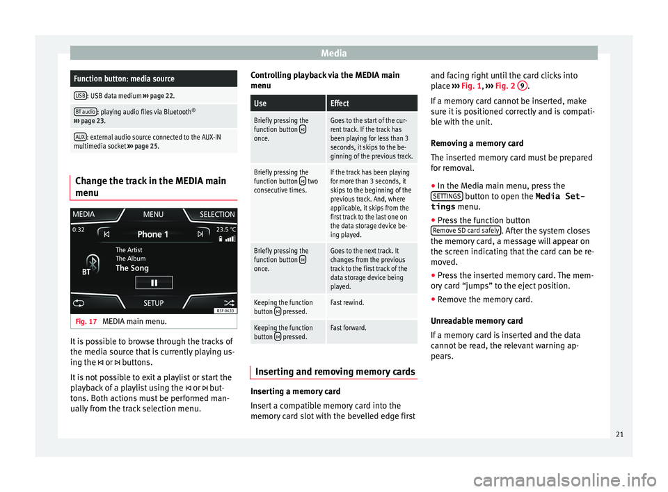 Seat Ibiza 5D 2016  MEDIA SYSTEM TOUCH - COLOUR MediaFunction button: media source
USB: USB data medium 
››› page 22.
BT audio: playing audio files via Bluetooth ®
›››  page 23.
AUX: external audio source connected to the AUX-IN
multim