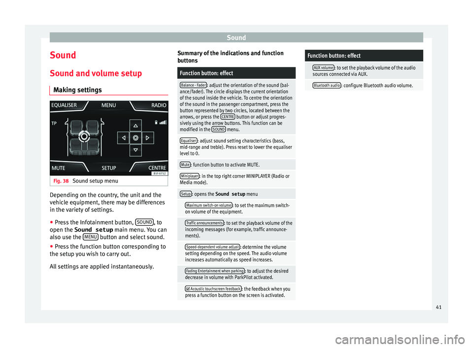 Seat Ibiza 5D 2016  MEDIA SYSTEM TOUCH - COLOUR Sound
Sound
Sou nd and 
volume setup
Making settings Fig. 38 
Sound setup menu Depending on the country, the unit and the
v
ehic

le equipment, there may be differences
in the variety of settings.
●