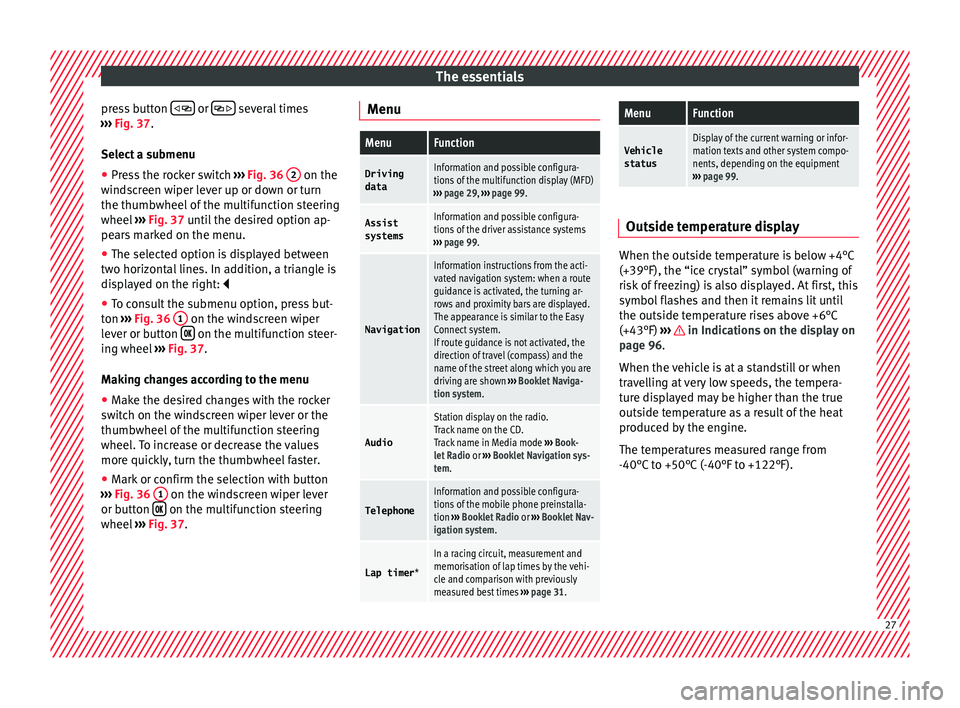 Seat Ibiza SC 2016 Owners Guide The essentials
press button  
   or 
   several times
› ›
›
  Fig. 37.
Select a submenu ● Press the rocker switch  ›››
  Fig. 36  2  on the
w ind
s
creen wiper lever up or do