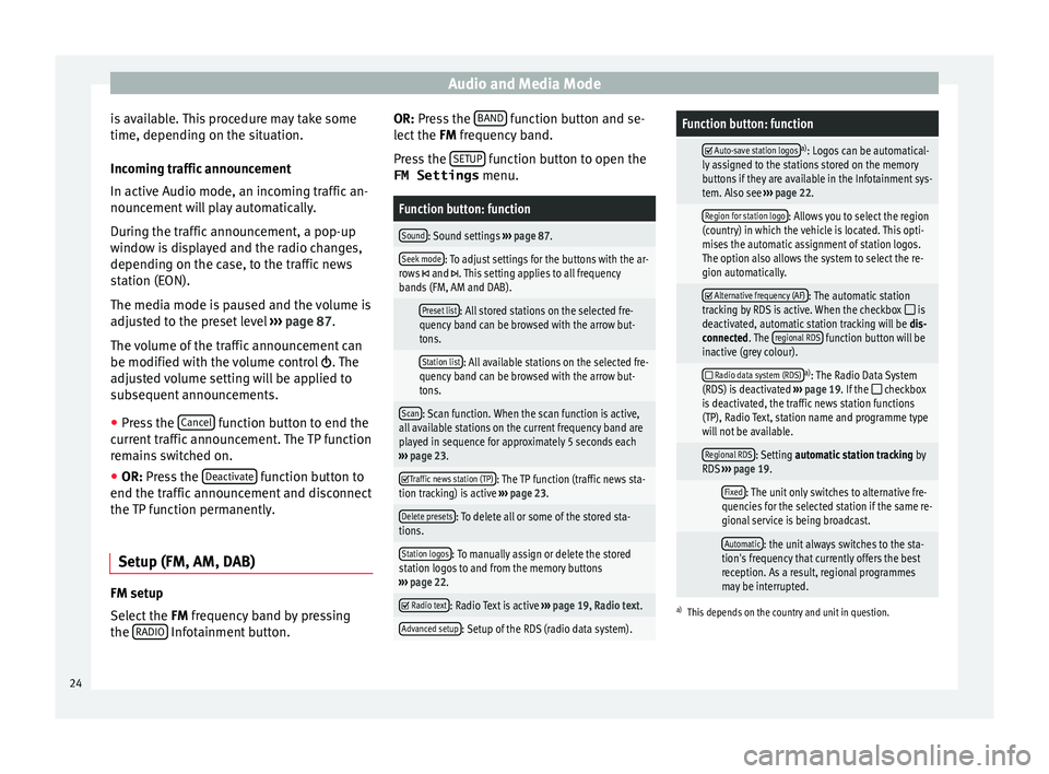 Seat Ibiza SC 2016  MEDIA SYSTEM PLUS - NAVI SYSTEM - NAVI SYSTEM PLUS Audio and Media Mode
is available. This procedure may take some
time, dependin g on the s
it
uation.
Incoming traffic announcement
In active Audio mode, an incoming traffic an-
nouncement will play au