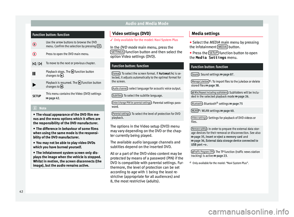 Seat Ibiza SC 2016  MEDIA SYSTEM PLUS - NAVI SYSTEM - NAVI SYSTEM PLUS Audio and Media ModeFunction button: function
DUse the arrow buttons to browse the DVD
menu. Confirm the selection by pressing 
OK.
EPress to open the DVD main menu.
 / To move to the next or pr