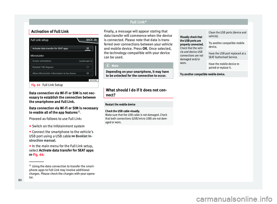 Seat Ibiza SC 2016 MEDIA SYSTEM PLUS - NAVI SYSTEM - NAVI SYSTEM PLUS Full Link*
Activation of Full Link Fig. 64
Full Link Setup Data connection via Wi-Fi or SIM is not nec-
e
s
s
ary to establish the connection between
the smartphone and Full Link.
Data connection via Seat Ibiza SC 2016 MEDIA SYSTEM PLUS - NAVI SYSTEM - NAVI SYSTEM PLUS Full Link*
Activation of Full Link Fig. 64
Full Link Setup Data connection via Wi-Fi or SIM is not nec-
e
s
s
ary to establish the connection between
the smartphone and Full Link.
Data connection via