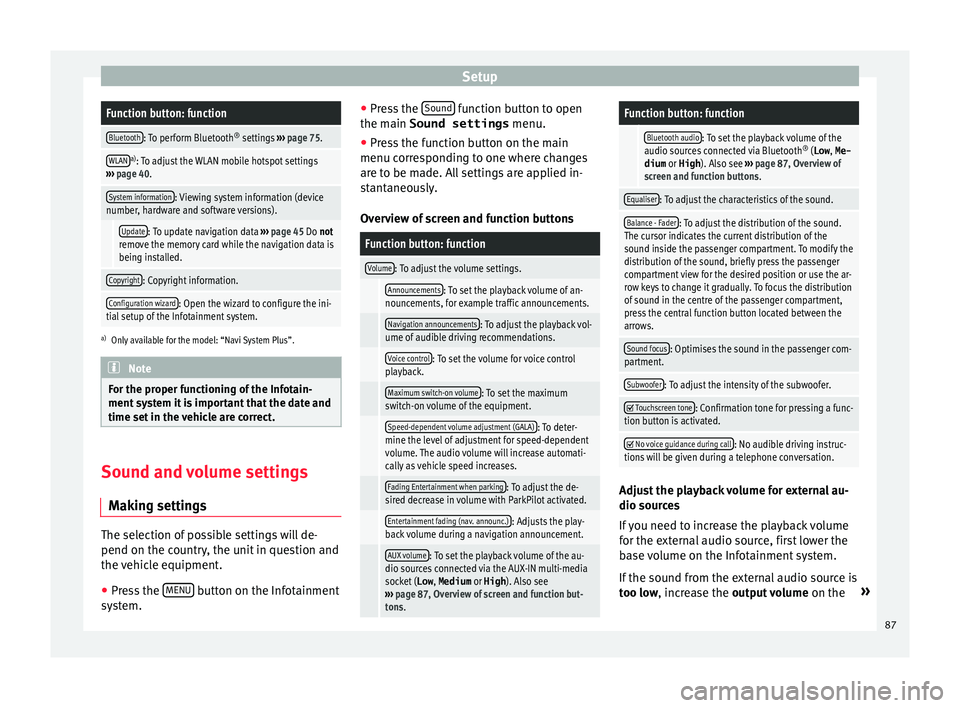 Seat Ibiza SC 2016  MEDIA SYSTEM PLUS - NAVI SYSTEM - NAVI SYSTEM PLUS SetupFunction button: function
Bluetooth: To perform Bluetooth
®
 settings  ››› page 75.
WLANa)
: To adjust the WLAN mobile hotspot settings
›››  page 40.
System information: Viewing syst