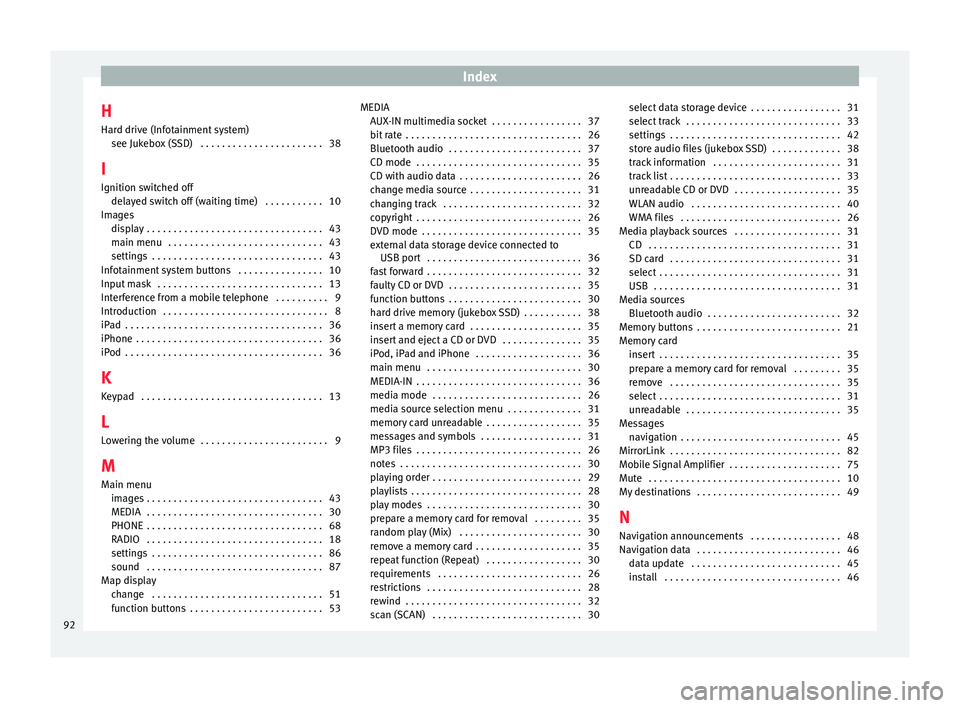 Seat Ibiza SC 2016  MEDIA SYSTEM PLUS - NAVI SYSTEM - NAVI SYSTEM PLUS Index
H
Har d driv
e (Inf
otainment system)
see Jukebox (SSD)  . . . . . . . . . . . . . . . . . . . . . . . 38
I Ignition switched off delayed switch off (waiting time)  . . . . . . . . . . . 10
Imag