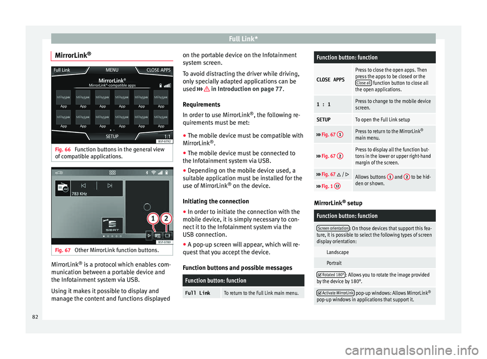 Seat Ibiza ST 2016  MEDIA SYSTEM PLUS - NAVI SYSTEM - NAVI SYSTEM PLUS Full Link*
MirrorLink ®Fig. 66 
Function buttons in the general view
of  c
ompatible applications. Fig. 67 
Other MirrorLink function buttons. MirrorLink
®
 is

 a protocol which enables com-
munica