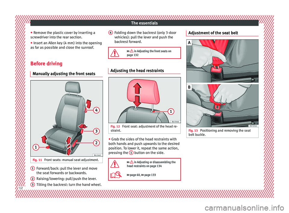 Seat Ibiza 5D 2015  Owners manual The essentials
● Remo
v
e the plastic cover by inserting a
screwdriver into the rear section.
● Insert an Allen key (4 mm) into the opening
as f
 ar as possible and close the sunroof.
Before drivi