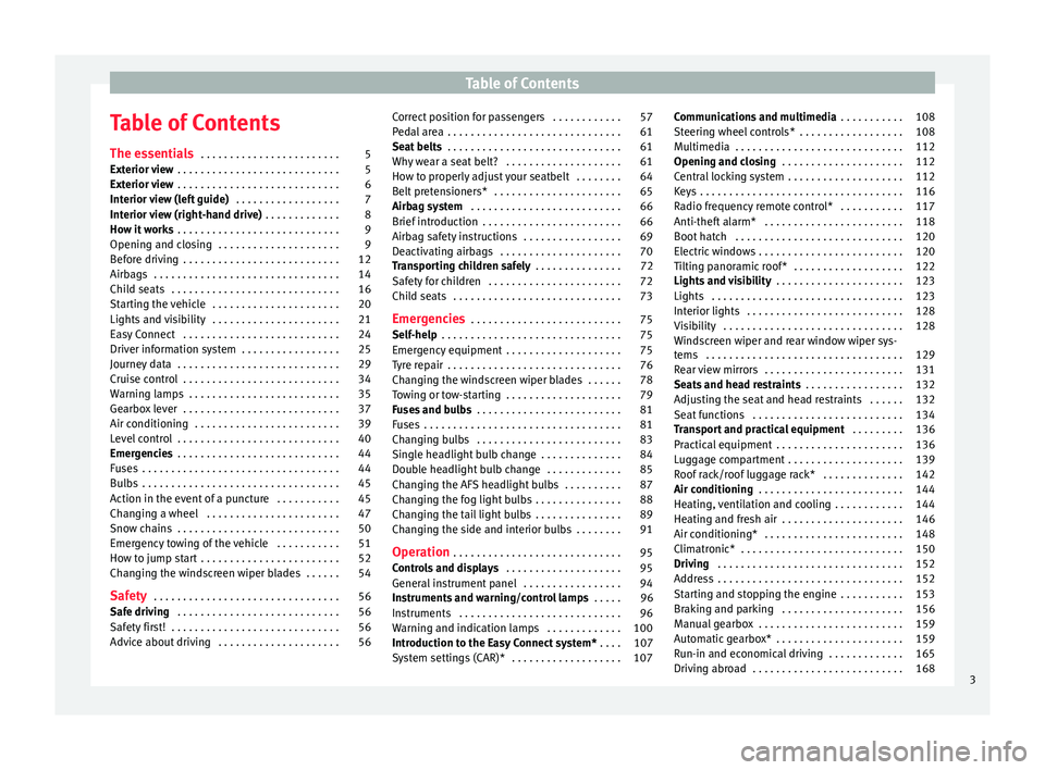 Seat Ibiza 5D 2015  Owners manual Table of Contents
Table of Contents
The e s
senti
als . . . . . . . . . . . . . . . . . . . . . . . . 5
Exterior view  . . . . . . . . . . . . . . . . . . . . . . . . . . . . 5
Exterior view  . . . . 