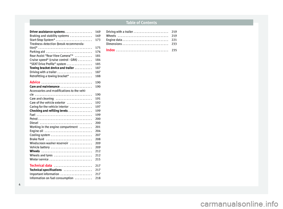 Seat Ibiza 5D 2015  Owners manual Table of Contents
Driver assistance systems  . . . . . . . . . . . . . . . . . 169
Braking and stability systems  . . . . . . . . . . . . . . 169
Start-Stop System*  . . . . . . . . . . . . . . . . . 