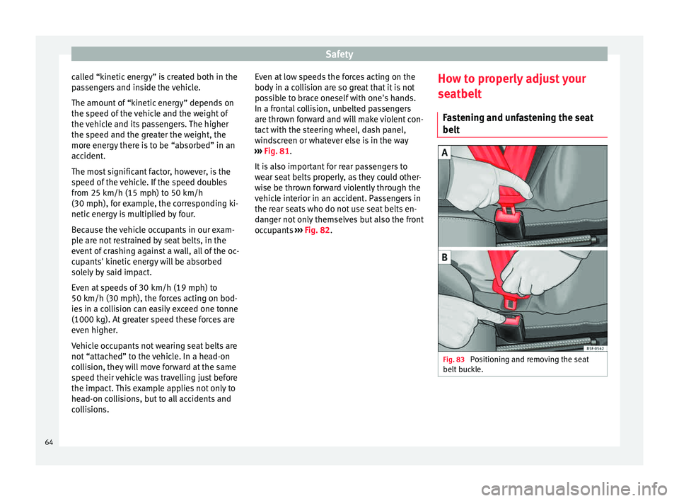 Seat Ibiza 5D 2015  Owners manual Safety
called “kinetic energy” is created both in the
p a
s
sengers and inside the vehicle.
The amount of “kinetic energy” depends on
the speed of the vehicle and the weight of
the vehicle and