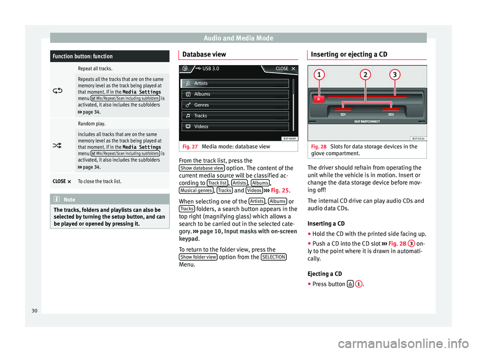 Seat Ibiza 5D 2015  MEDIA SYSTEM PLUS - NAVI SYSTEM Audio and Media ModeFunction button: function

Repeat all tracks.
Repeats all the tracks that are on the same
memory level as the track being played at
that moment. If in the 
Media Settings
menu 
