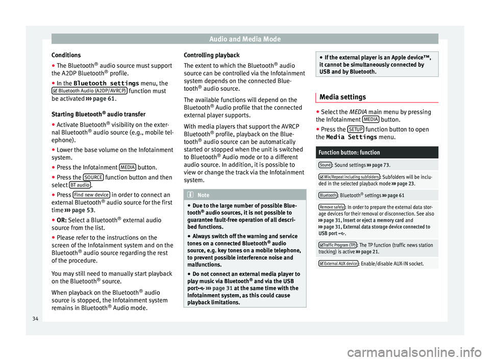 Seat Ibiza 5D 2015  MEDIA SYSTEM PLUS - NAVI SYSTEM Audio and Media Mode
Conditions
● The Bluetooth ®
 audio sour c
e mu st support
the A2DP Bluetooth ®
 profile.
● In the Bluetooth settings  menu, the
 Bluetooth Audio (A2DP/AVRCP)  function m