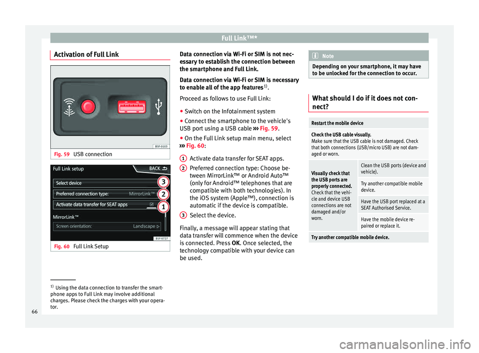 Seat Ibiza 5D 2015  MEDIA SYSTEM PLUS - NAVI SYSTEM Full Link™*
Activation of Full Link Fig. 59 
USB connection Fig. 60 
Full Link Setup Data connection via Wi-Fi or SIM is not nec-
e
s
s
ary to establish the connection between
the smartphone and Ful