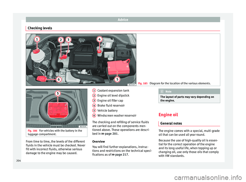 Seat Ibiza SC 2015  Owners manual Advice
Checking levels Fig. 185 
Diagram for the location of the various elements. Fig. 186 
For vehicles with the battery in the
lugg ag
e compartment. From time to time, the levels of the different
