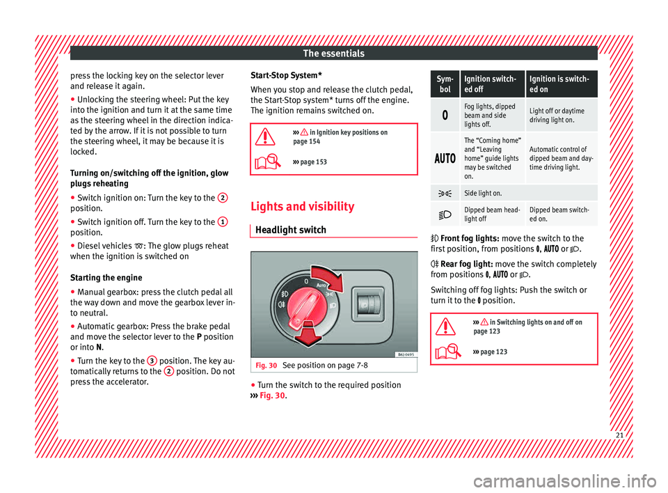 Seat Ibiza SC 2015  Owners manual The essentials
press the locking key on the selector lever
and r el
e
ase it again.
● Unlocking the steering wheel: Put the key
into the ignition and turn it
  at the same time
as the steering wheel