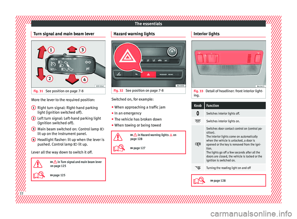 Seat Ibiza SC 2015 Owners Guide The essentials
Turn signal and main beam lever Fig. 31 
See position on page 7-8 More the lever to the required position:
Right  t
urn s
ignal: Right-hand parking
light (ignition switched off).
Left t